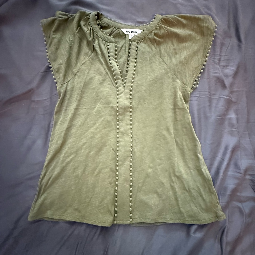 Boden Olive Green Short-Sleeve Pom-Pom Trim Knit Top